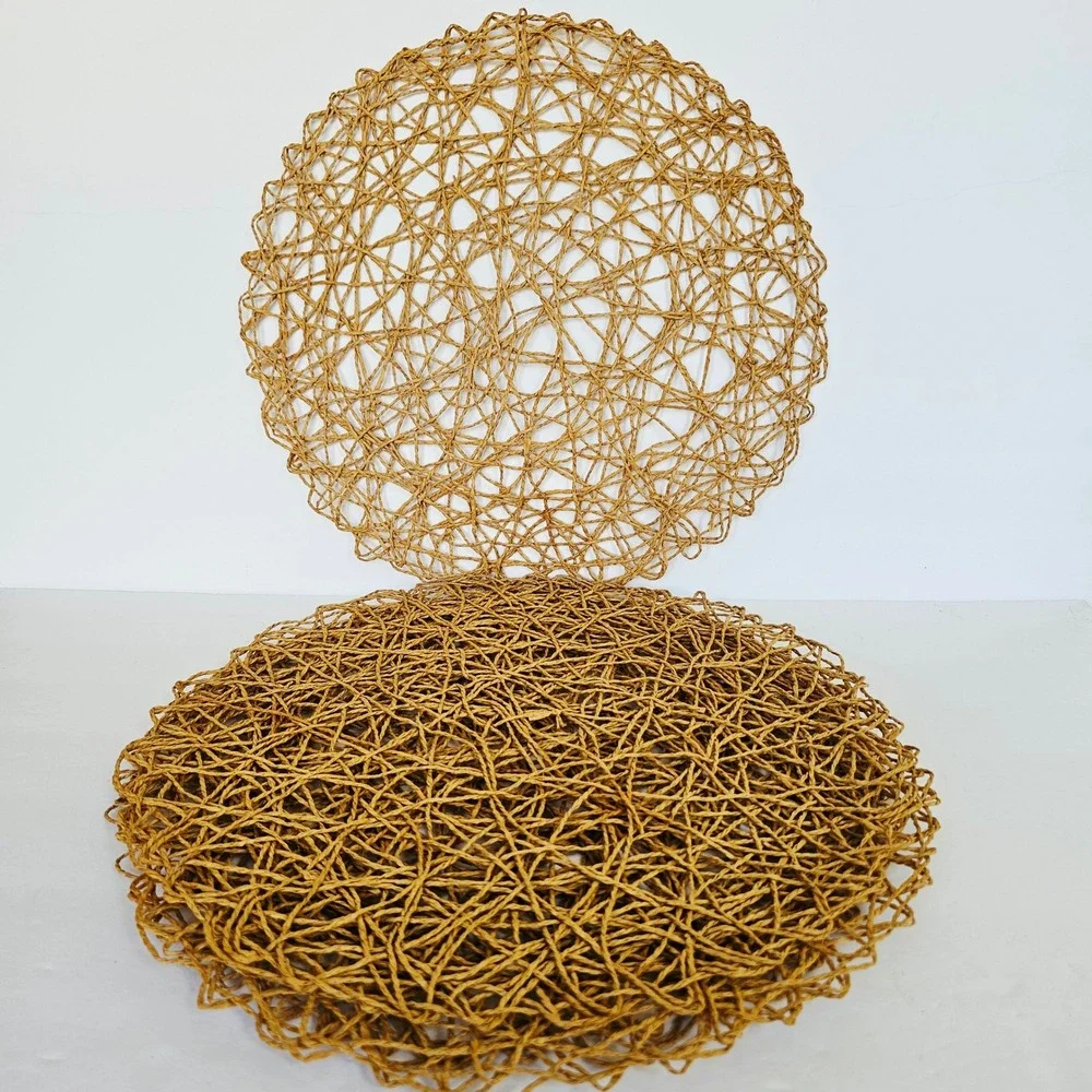 Vintage Round Woven Paper Straw Placemats Set of 4 Natural Tan Boho Table Decor